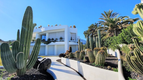 A modern house with a beautiful, landscaped front yard.